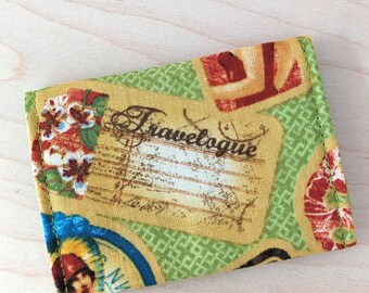 Green Card Wallet - Travel themed Minimalist Credit Card Wallet, Travelogue cotton fabric