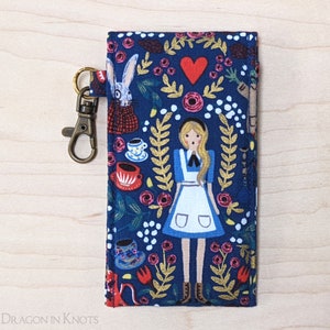 Alice Lip Gloss Holder - Tall or Short, dark blue Wonderland, Insulated Keychain Pouch, Literary Lip Balm Case