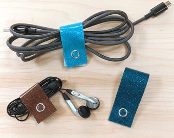 Cable Ties - Small Medium Large Cord Clips in Brown, Blue, Teal Glitter Vinyl - Set of 3 Sizes
