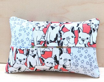 French Bulldog Pocket Tissue Holder - watermelon pink travel facial tissue case - Boston Terrier, small white dog