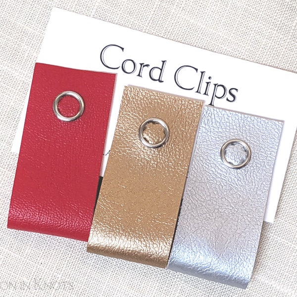 Cord Clips - Set of 3 Charging Cable Wraps in Red Gold Silver Vinyl, Reusable Snap Cable Ties, Electronics Organization