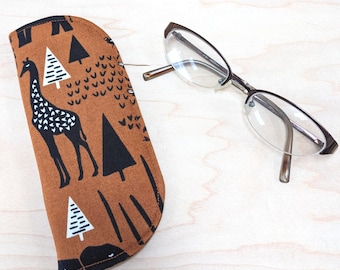 Giraffe Eyeglass Case - S M - African wildlife, brown eyewear holder, black and white animal silhouettes, soft sunglass sleeve