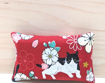 Tuxedo Cat Pocket Tissue Holder - Red Floral To-Go Tissue Case, Japanese animal themed cotton fabric, pet lovers gift