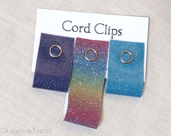 Set of 3 Cord Wraps in Lavender, Rainbow, and Light Blue Glitter Vinyl - Reusable Snap Cable Ties, Electronics Organization