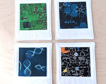 STEM Snapshot Coasters - Set of 4, Science and Technology, Fabric Drink Coasters - blue, green, black, and white