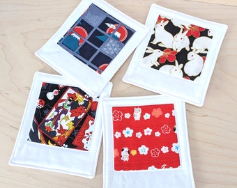 Set of 4 Coasters - Japan snapshot theme, Mount Fuji, maneki neko, parasols, usagi - travel in Asia inspired - beverage mats