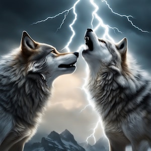 Wolf couple. Alpha howling with lightning in the background.