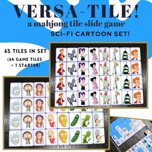 May include: A mahjong tile slide game set with 65 tiles, featuring sci-fi cartoon characters. The set includes 64 game tiles and 1 starter tile. The tiles are white with colorful character illustrations. The game is called VERSA-TILE!