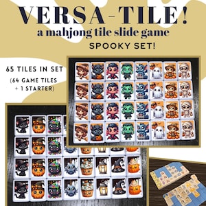 May include: A set of 65 Halloween-themed mahjong tiles, including 64 game tiles and 1 starter tile. The tiles feature various spooky characters and designs, such as pumpkins, ghosts, witches, and bats. The tiles are arranged in a grid pattern on a white background. The text "VERSA-TILE! a mahjong tile slide game SPOOKY SET!" is displayed above the tiles. The text "65 TILES IN SET (64 GAME TILES + 1 STARTER)" is displayed to the left of the tiles. The text "TRINKETS BY CAMBER" is displayed below the tiles. The text "MAHJONG TILES (REG SIZE) COME IN PINK, GREEN, BLUE AND BLACK" is displayed below the text "TRINKETS BY CAMBER".