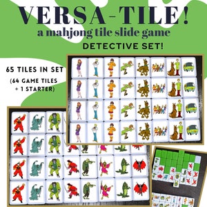 May include: A set of 65 mahjong tiles featuring characters from the Scooby Doo cartoon. The tiles are white with colorful illustrations of Scooby Doo, Shaggy, Fred, Daphne, and Velma. The tiles are arranged in a grid pattern on a white background. The text "VERSA-TILE!" is displayed in green at the top of the image. The text "a mahjong tile slide game" is displayed in green below the first line of text. The text "DETECTIVE SET!" is displayed in green below the second line of text. The text "65 TILES IN SET" is displayed in black on a green background. The text "(64 GAME TILES + 1 STARTER)" is displayed in black on a green background. The text "TRINKETS BY CAMBER" is displayed in black on a white background. The text "MAHJONG TILES (REG SIZE) COME IN PINK, GREEN, BLUE AND BLACK" is displayed in black on a white background.