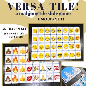 Könnte beinhalten: Ein Mahjong-Tile-Slide-Spielset namens "VERSA-TILE!" mit Emoji-Designs. Das Set enthält 65 Spielsteine mit verschiedenen Emoji-Gesichtern, Daumen hoch, Flammen und anderen Symbolen. Das Spiel wird in einer Box mit dem Text "EMOJIS SET!" präsentiert.