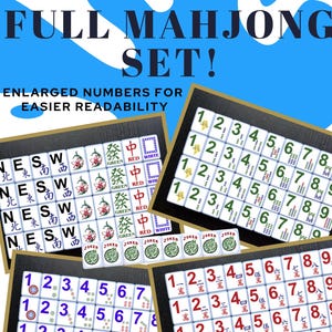 American Mahjong set with Large Numbers for easier readability. Comes with 8 jokers (vinyl stickers sealed and coated onto mahjong tiles)