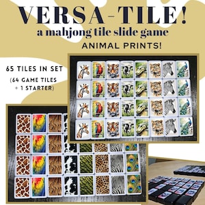 May include: A set of 65 mahjong tiles with animal print designs. The tiles are arranged in a grid pattern and come in a variety of colors, including black, white, pink, green, and blue. The tiles are made of a durable material and are perfect for playing mahjong or using as decorative accents.