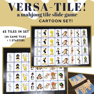 May include: A set of 65 cartoon mahjong tiles. The tiles are white with cartoon characters from Looney Tunes. The characters include Bugs Bunny, Daffy Duck, Tweety Bird, Sylvester the Cat, Taz, and Yosemite Sam. The tiles are arranged in a grid pattern. The text on the image reads 