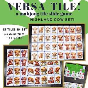 May include: A set of 65 mahjong tiles featuring a Highland Cow theme. The tiles are white with colorful images of cows and flowers. The set includes 64 game tiles and 1 starter tile. The tiles are arranged in a grid pattern on a white surface. The text "VERSA-TILE! a mahjong tile slide game HIGHLAND COW SET!" is displayed above the tiles. The text "TRINKETS BY CAMBER" is displayed below the tiles. The text "MAHJONG TILES (REG SIZE) COME IN PINK, GREEN, BLUE AND BLACK" is displayed below the text "TRINKETS BY CAMBER".