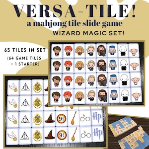 May include: A set of 65 white mahjong tiles with Harry Potter themed illustrations. The tiles are arranged in a grid pattern and include images of Harry Potter, Hermione Granger, Ron Weasley, Dumbledore, and other characters from the Harry Potter series. The tiles are labeled with the text "VERSA-TILE! a mahjong tile slide game WIZARD MAGIC SET! 65 TILES IN SET (64 GAME TILES + 1 STARTER)".