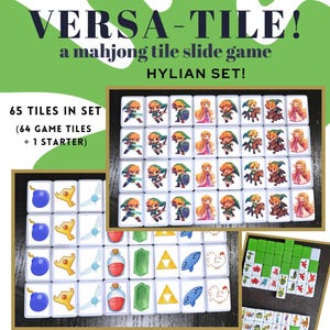 May include: A set of 65 mahjong tiles featuring characters from the Legend of Zelda video game series. The tiles are white with colorful illustrations of Link, Zelda, and other characters. The tiles are arranged in a grid pattern and are labeled "VERSA-TILE!" and "HYLIAN SET!" The tiles are available in pink, green, blue, and black.