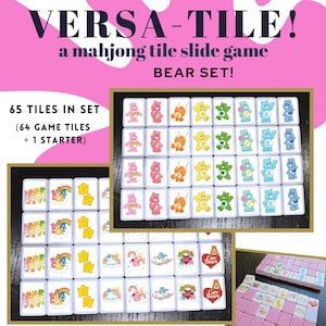 May include: A mahjong tile slide game set featuring Care Bears. The set includes 65 tiles, with 64 game tiles and 1 starter tile. The tiles are white with colorful Care Bear designs. The game is called VERSA-TILE and is a BEAR SET.