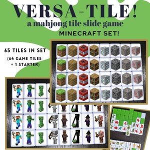 Könnte beinhalten: Ein Set mit 65 Mahjong-Steinen zum Thema Minecraft. Die Steine sind weiß und mit verschiedenen Minecraft-Charakteren und -Gegenständen bedruckt. Die Steine sind in Pink, Grün, Blau und Schwarz erhältlich. Das Set enthält 64 Spielsteine und 1 Startstein. Der Text "VERSA-TILE! a mahjong tile slide game MINECRAFT SET!" ist oben im Bild gedruckt. Der Text "TRINKETS BY CAMBER" ist unter den Steinen gedruckt. Der Text "MAHJONG TILES (REG SIZE) COME IN PINK, GREEN, BLUE AND BLACK" ist unten im Bild gedruckt.