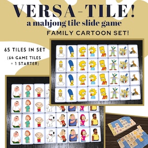May include: A set of 65 mahjong tiles featuring cartoon characters from popular animated television shows. The tiles are white with colorful images of characters from The Simpsons and Family Guy. The tiles are arranged in a grid pattern and are ready for a game of mahjong. The set includes 64 game tiles and 1 starter tile. The tiles are available in pink, green, blue, and black.
