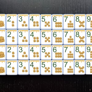 May include: A set of nine white tiles with numbers 1 through 9 printed on them. Each tile has a different number of waffle images printed on it, ranging from one to nine waffles. The tiles are arranged in four rows of nine tiles.