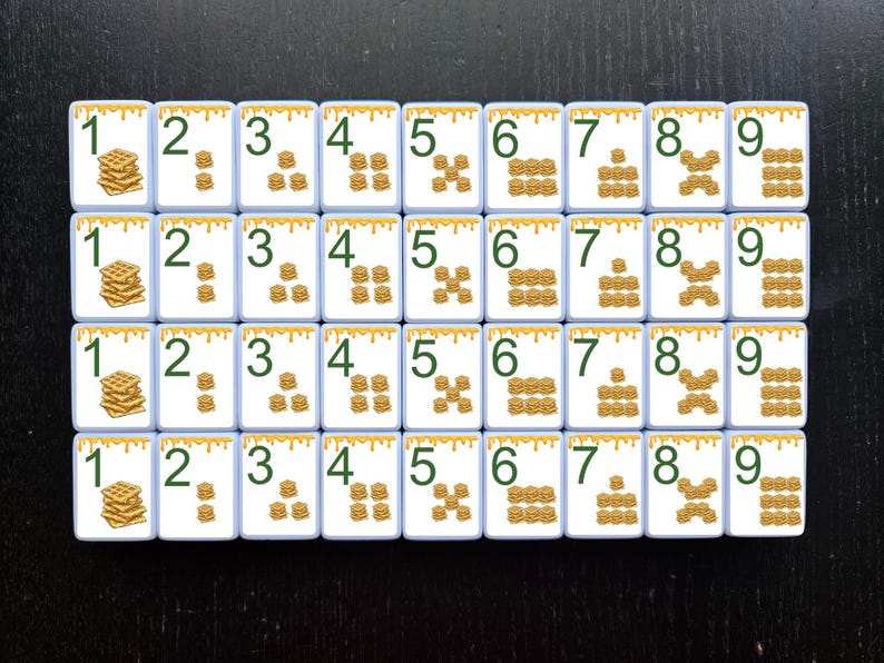 May include: A set of nine white tiles with numbers 1 through 9 printed on them. Each tile has a different number of waffle images printed on it, ranging from one to nine waffles. The tiles are arranged in four rows of nine tiles.