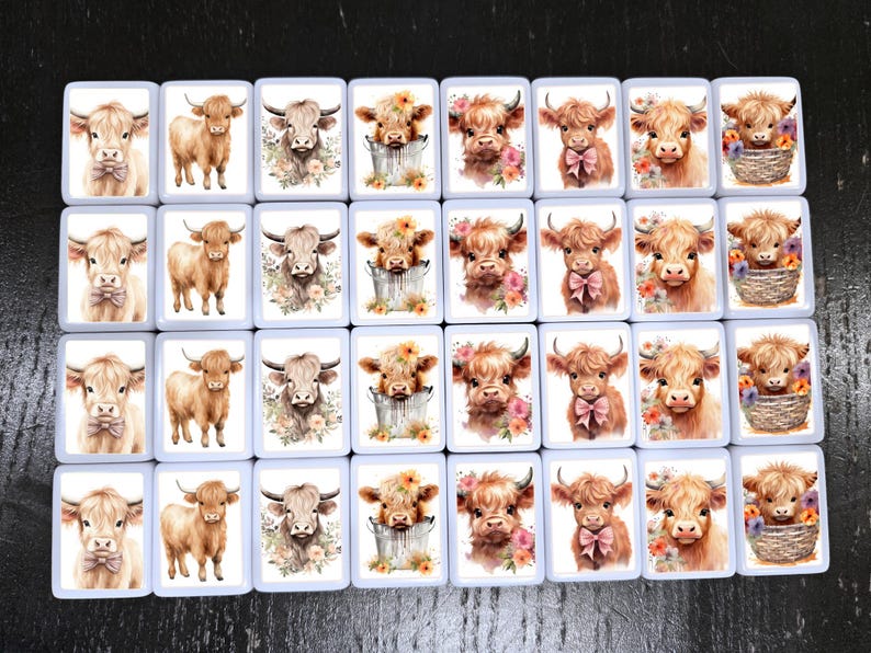 May include: Twenty-four white square tiles with images of Highland cows. Each tile features a different image of a cow with flowers, a bucket, or a basket. The cows are brown and white with pink noses.