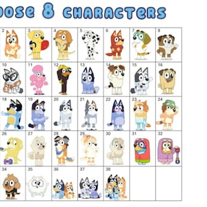 K&ouml;nnte beinhalten: Ein Raster mit 38 bunten Comic-Hundekarakteren, nummeriert von 1 bis 38. Der Text "CHOOSE 8 CHARACTERS" befindet sich oben im Raster.