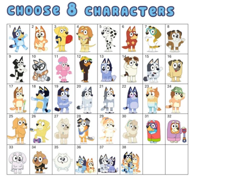 K&ouml;nnte beinhalten: Ein Raster mit 38 bunten Comic-Hundekarakteren, nummeriert von 1 bis 38. Der Text "CHOOSE 8 CHARACTERS" befindet sich oben im Raster.