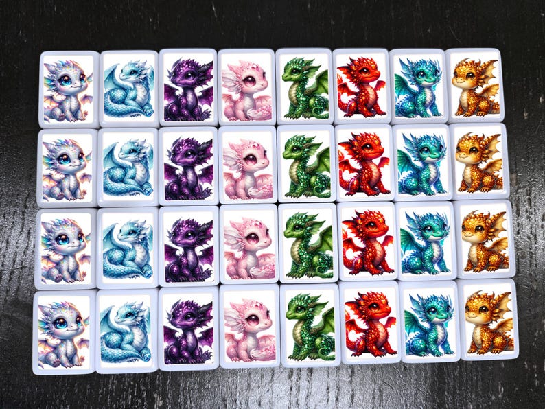 May include: A set of 16 white ceramic tiles with colorful dragon illustrations. Each tile features a different dragon design with various colors, including blue, green, purple, pink, and gold.