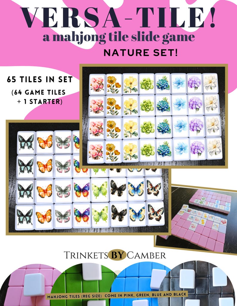 May include: A mahjong tile slide game set called "VERSA-TILE! NATURE SET!" with 65 tiles. The tiles feature floral and butterfly designs. The set includes pink, green, blue, and black tiles. The brand name is "TRINKETS BY CAMBER."