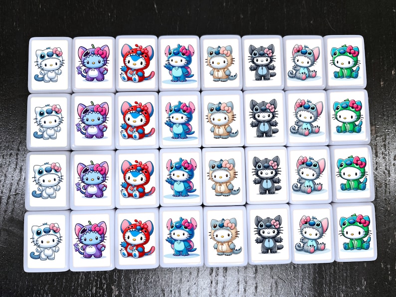 38 tiles featuring various cartoon characters. Each tile displays a different character in various costumes:  white, light blue, purple, red, and green.  The characters are predominantly cats and stitch-like creatures, each wearing a bow. The tiles are arranged in a grid pattern, creating a visually appealing collection of colorful cartoon characters.