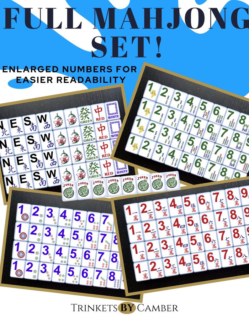 May include: A full set of Mahjong tiles with enlarged numbers for easier readability. The tiles are white with black numbers and feature traditional Chinese characters. The set includes four sets of numbered tiles, one set of wind tiles, one set of dragon tiles, and two joker tiles.