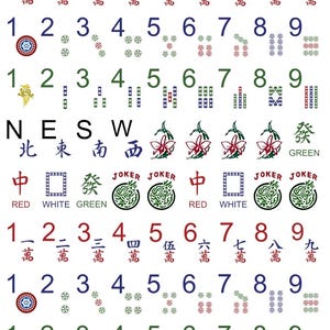 May include: A white background displays a variety of Mahjong tiles. The tiles feature Chinese characters, numbers, and symbols in red, green, blue, and black. The tiles are arranged in rows and columns, showcasing different suits and values.