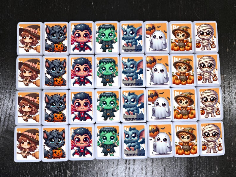 May include: A set of 20 square tiles featuring various Halloween characters, including a witch, werewolf, vampire, Frankenstein, bat, ghost, scarecrow, and mummy. Each tile has a white background with a colorful illustration.