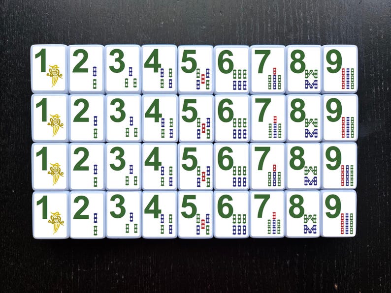 May include: A set of nine white tiles with black numbers 1 through 9. Each tile has a different pattern of green, blue, and red squares.