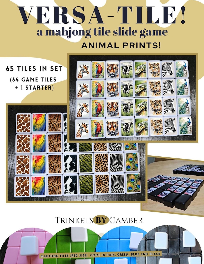 May include: A set of 65 mahjong tiles with animal print designs. The tiles are arranged in a grid pattern and come in a variety of colors, including black, white, pink, green, and blue. The tiles are made of a durable material and are perfect for playing mahjong or using as decorative accents.
