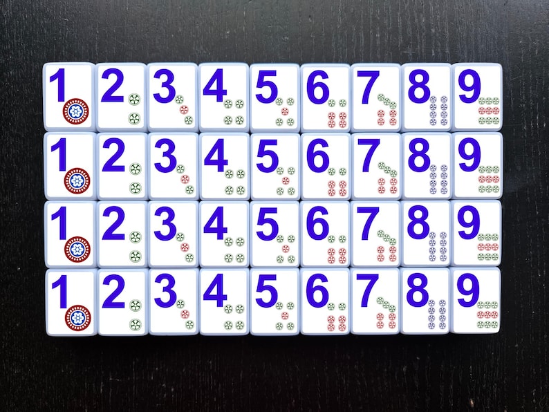 May include: A set of 36 white tiles with blue numbers 1 through 9. Each tile has a different pattern of colored dots in red, green, and blue.
