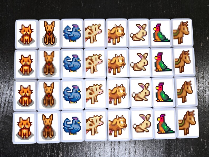 May include: A collection of white tiles featuring pixelated farm animals. The tiles display images of cats, dogs, chickens, cows, rabbits, parrots, and horses. The tiles are arranged in a grid pattern.
