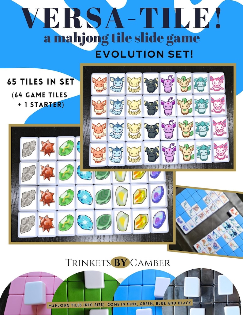 May include: Versa-Tile Evolution Mahjong Tile Slide Game Set.  65 tiles total (64 game tiles + 1 starter).  Features colorful, illustrated tiles depicting evolution-themed creatures.  Tiles are regular mahjong size and come in pink, green, blue, and black.  Includes images showcasing gameplay and tile variations.