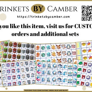 May include: A set of 144 mahjong tiles featuring various designs, including a Minecraft theme, a Pokemon theme, a Hello Kitty theme, a flower theme, and a video game theme. The tiles are available in pink, green, blue, and black.