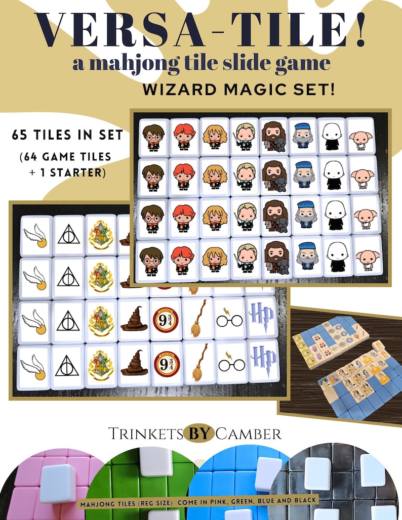 May include: A set of 65 white mahjong tiles with Harry Potter themed illustrations. The tiles are arranged in a grid pattern and include images of Harry Potter, Hermione Granger, Ron Weasley, Dumbledore, and other characters from the Harry Potter series. The tiles are labeled with the text "VERSA-TILE! a mahjong tile slide game WIZARD MAGIC SET! 65 TILES IN SET (64 GAME TILES + 1 STARTER)".