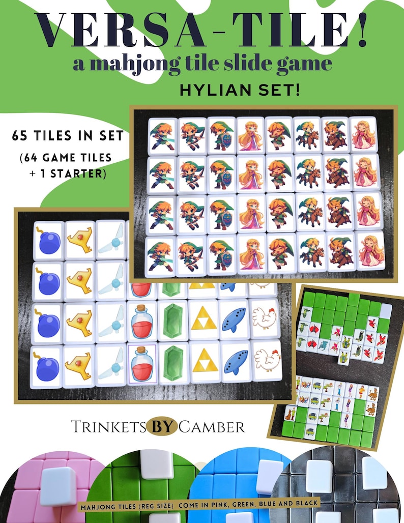 May include: A set of 65 mahjong tiles featuring characters from the Legend of Zelda video game series. The tiles are white with colorful illustrations of Link, Zelda, and other characters. The tiles are arranged in a grid pattern and are labeled "VERSA-TILE!" and "HYLIAN SET!" The tiles are available in pink, green, blue, and black.