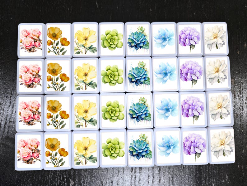May include: A collection of rectangular tiles, each featuring a watercolor floral design. The designs include roses, poppies, succulents, hydrangeas, and dahlias in various colors like pink, yellow, green, blue, and purple.