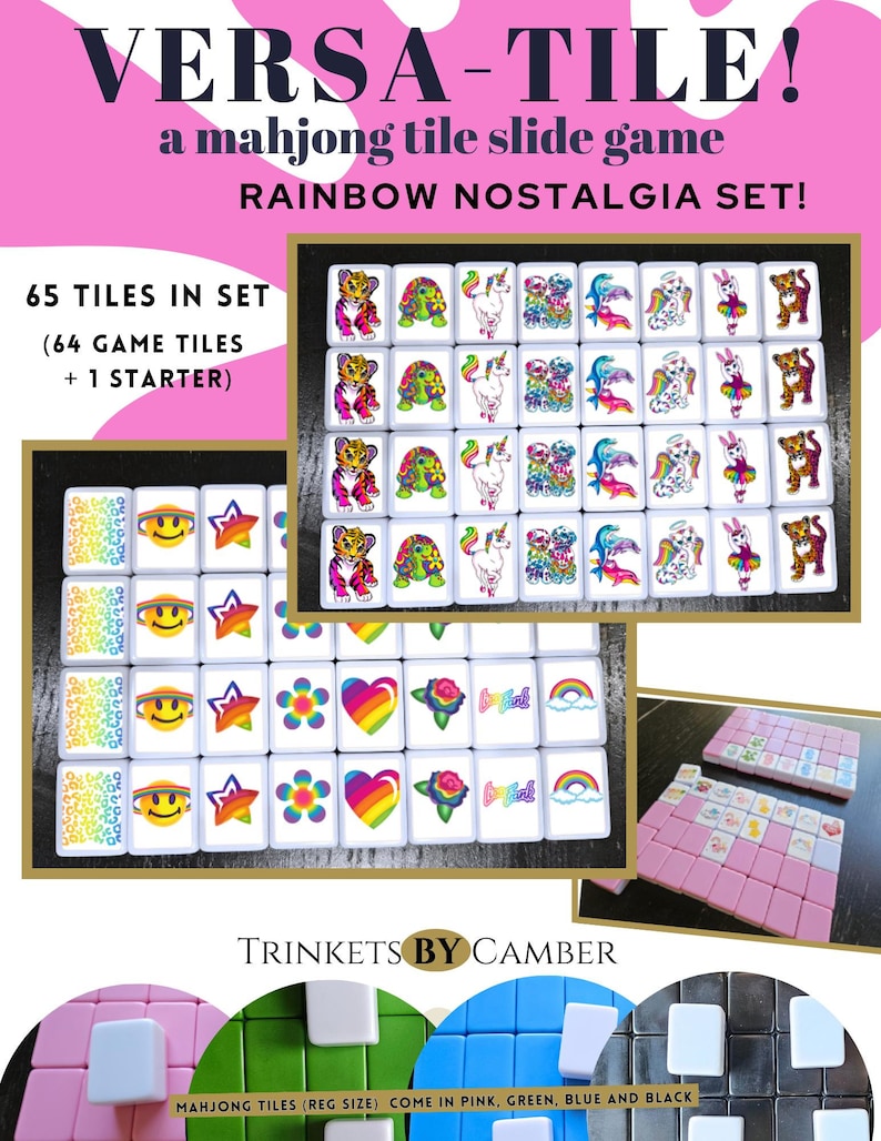 Op de afbeelding: Een set van 65 kleurrijke mahjong-tegels met een regenboogthema. De tegels hebben verschillende ontwerpen, waaronder een tijger, schildpad, eenhoorn, dolfijn, engel en een ster. De tegels zijn gerangschikt in een rasterpatroon op een witte achtergrond. De tekst "VERSA-TILE!" wordt bovenaan de afbeelding weergegeven. De tekst "a mahjong tile slide game" wordt onder de titel weergegeven. De tekst "RAINBOW NOSTALGIA SET!" wordt onder de spelbeschrijving weergegeven. De tekst "65 TILES IN SET (64 GAME TILES + 1 STARTER)" wordt in de linkerbovenhoek van de afbeelding weergegeven. De tekst "TRINKETS BY CAMBER" wordt in het midden onderaan de afbeelding weergegeven. De tekst "MAHJONG TILES (REG SIZE) COME IN PINK, GREEN, BLUE AND BLACK" wordt onderaan de afbeelding weergegeven.