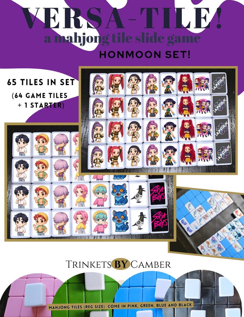 May include: A mahjong tile slide game set called "VERSA-TILE!" with the "HONMOON SET!" title. The set includes 65 tiles, with 64 game tiles and 1 starter tile. The tiles feature cartoon characters. The set is available in pink, green, blue, and black.