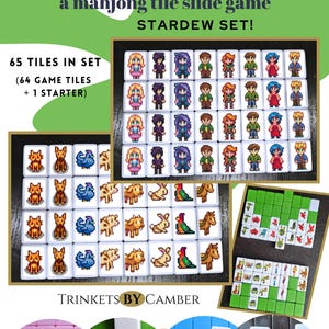 May include: A mahjong tile slide game set called "VERSA-TILE!" with a "STARDEW SET!" theme. The set includes 65 tiles, with 64 game tiles and 1 starter tile. The tiles are in pink, green, blue, and black.