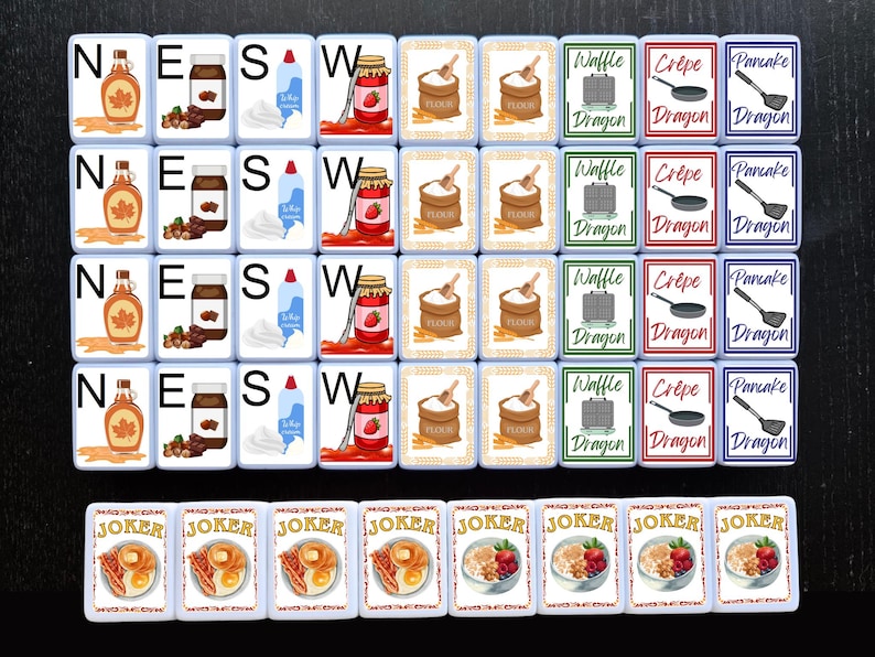 May include: A set of 16 white square tiles with colorful images and text. The tiles feature images of various breakfast foods, including waffles, crepes, pancakes, syrup, and whipped cream. The text on the tiles includes the words "Waffle Dragon", "Crepe Dragon", "Pancake Dragon", "N", "E", "S", and "W". There are also 8 smaller white square tiles with the word "JOKER" and images of breakfast foods.