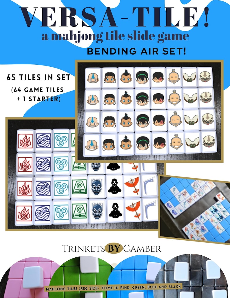 May include: A mahjong tile slide game set called "VERSA-TILE!" with 65 tiles, including a starter tile. The tiles feature character designs and symbols. The set is available in pink, green, blue, and black.