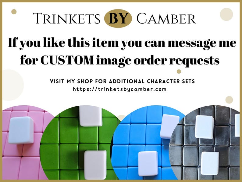 Puede incluir: Cuatro juegos de azulejos cuadrados en rosa, verde, azul y gris. Cada juego tiene un azulejo cuadrado blanco en el centro. El texto "TRINKETS BY CAMBER" est&aacute; en la parte superior de la imagen. El texto "Si te gusta este art&iacute;culo, puedes enviarme un mensaje para solicitudes de pedidos de im&aacute;genes personalizadas" est&aacute; debajo del logotipo. El texto "VISITA MI TIENDA PARA CONJUNTOS DE CARACTERES ADICIONALES" est&aacute; debajo de la imagen. El texto "https://trinketsbycamber.com" est&aacute; debajo del texto anterior.